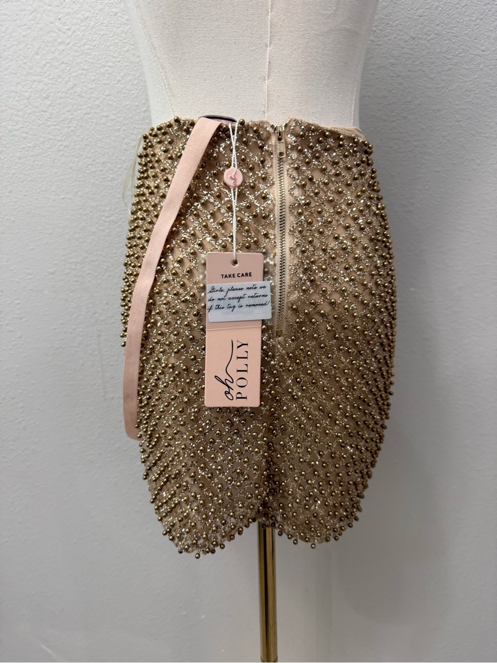NWT Oh Polly Gold Pearl Embellished Mini Skirt Glam Party Size 0 - Picture 3 of 4